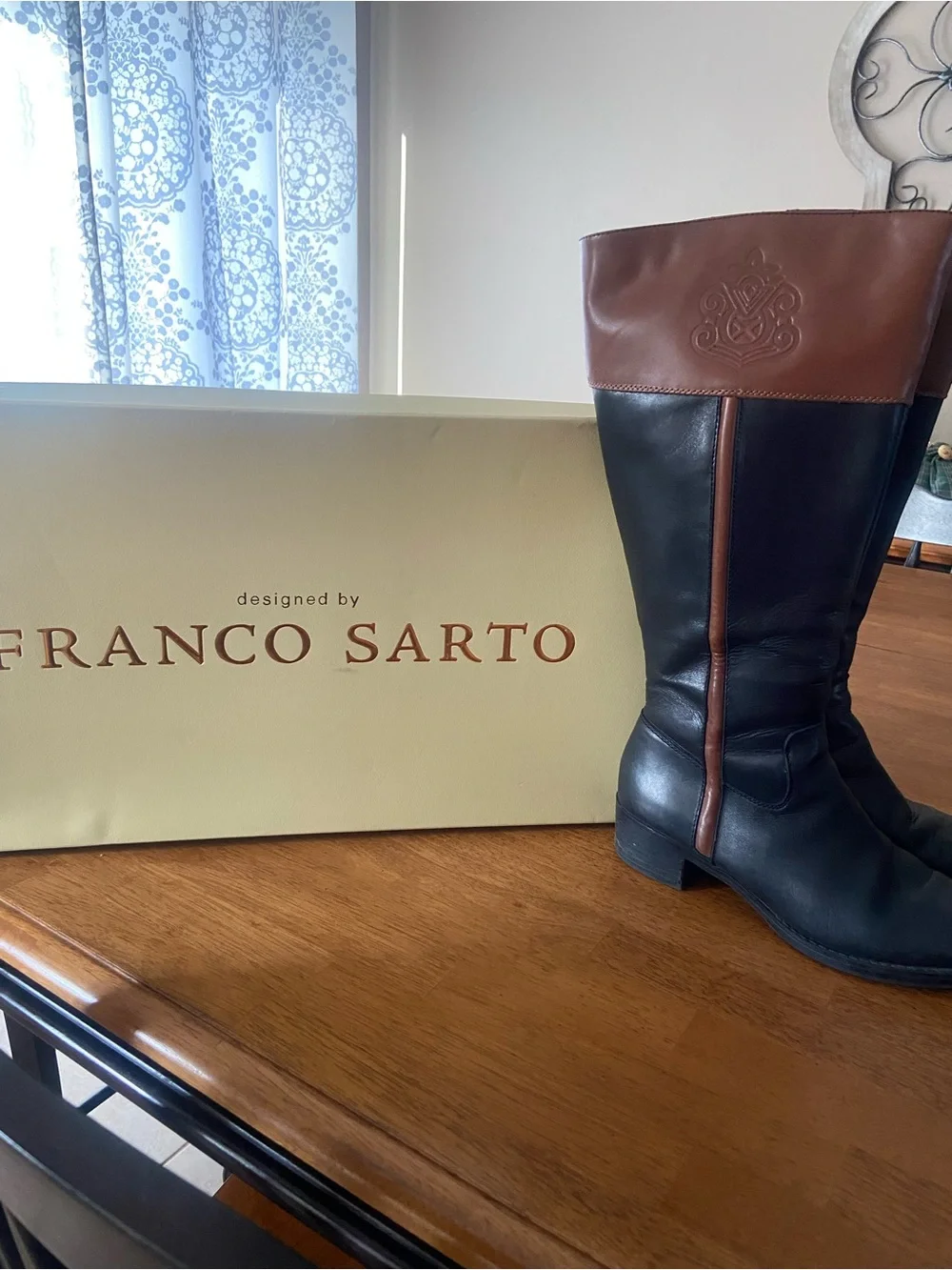 Franco Sarto Black and Brown Over-the-Knee Leather Boots.